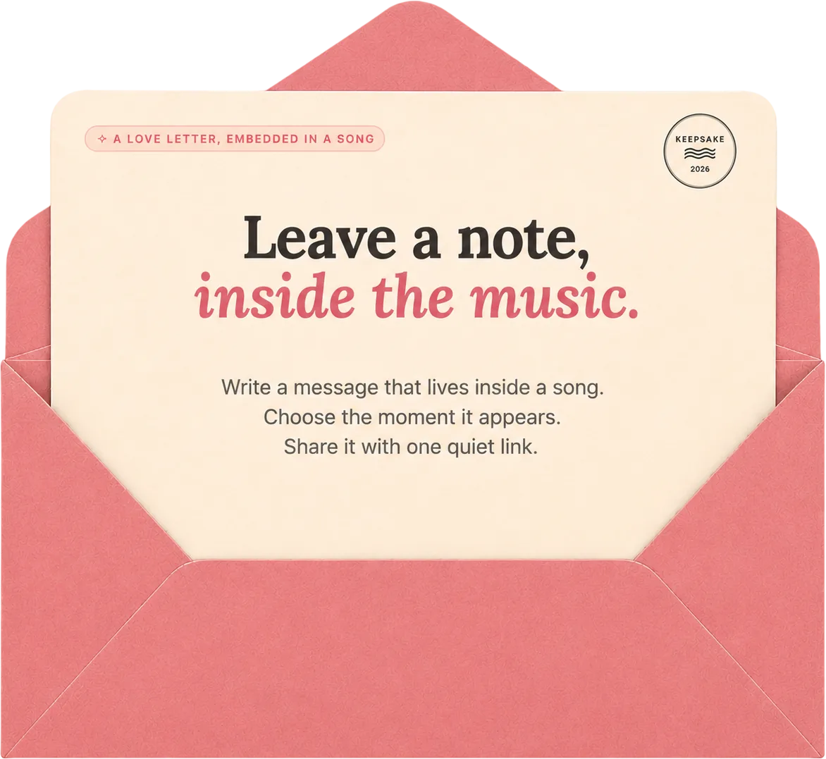 An open envelope with a letter that reads: Leave a note, inside the music. Write a message that lives inside a song, choose the moment it appears, and share it with one quiet link.