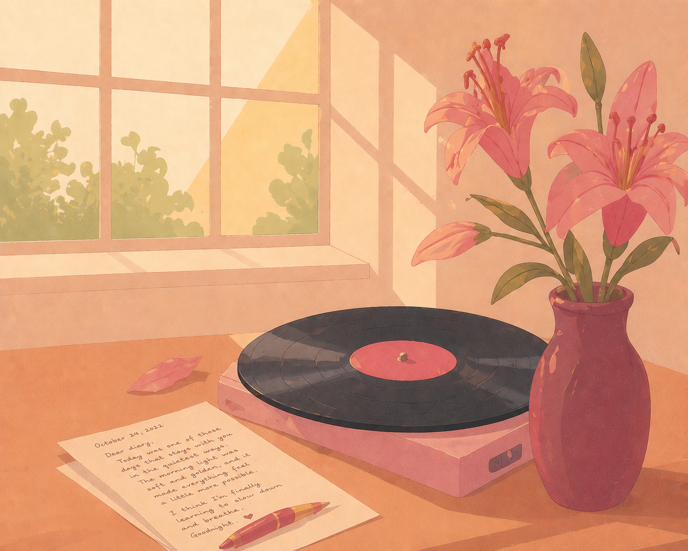 Illustrated scene — vinyl record, handwritten letter, and flowers on a warm desk